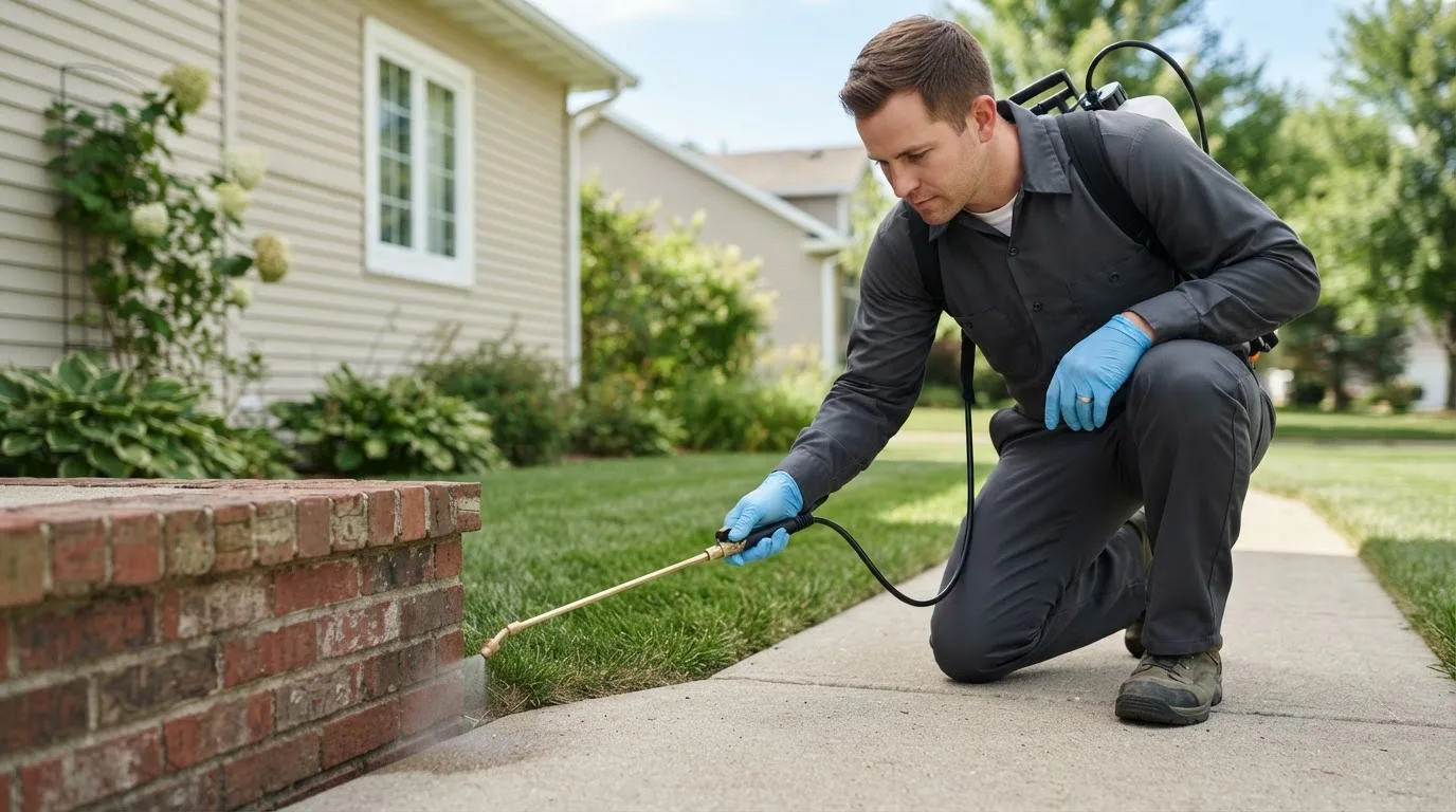 Pest control technician treating a home near Le Center, MN