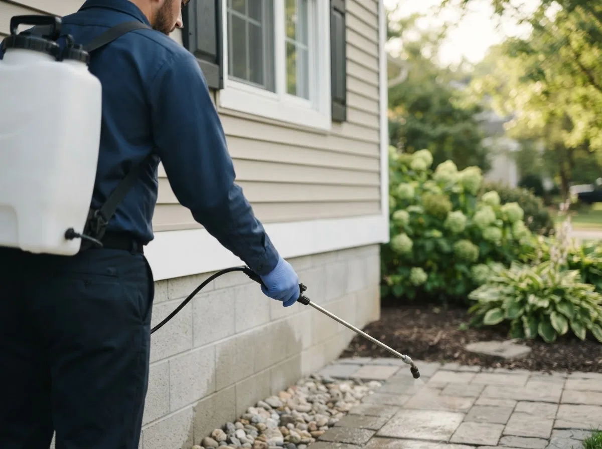Pest control technician inspecting a home in Le Center, MN